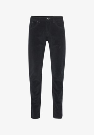 Tumedat meriinokarva püksid sirge jala disainiga, viie taskuga stiilis ja ees metallist nööbiga sulgemine. Pehme tekstuur kergete soontega.