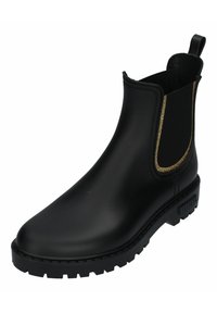 Bottines noires en caoutchouc avec un accent pailleté doré, des panneaux latéraux élastiques et une semelle texturée pour l'adhérence.