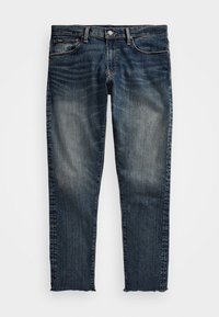 Tmavě modré džíny z denimu s vybledlým efektem, rovný střih, třepící se lem a klasický pětikapsový design. Vybaveny kovovým knoflíkem a zipem.