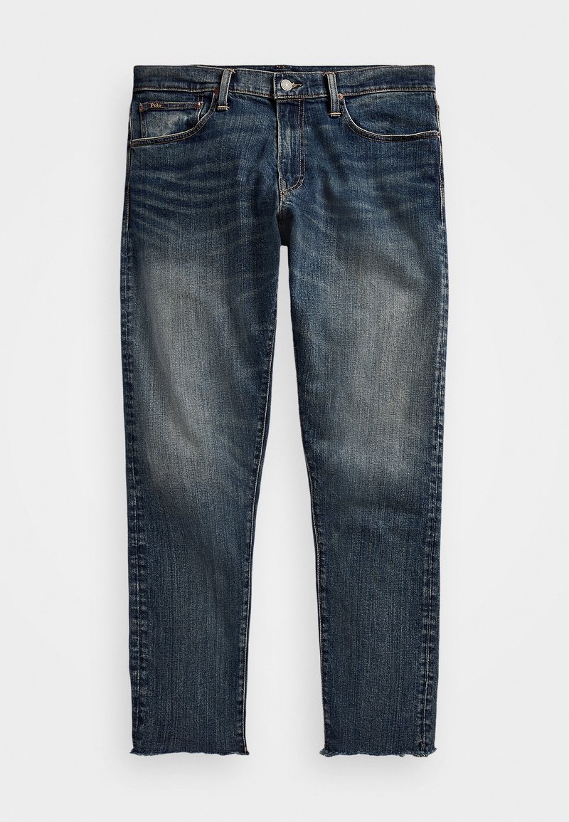 Tmavě modré džíny z denimu s vybledlým efektem, rovný střih, třepící se lem a klasický pětikapsový design. Vybaveny kovovým knoflíkem a zipem.