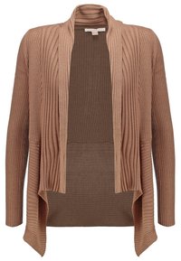 Cardigan côtelé de couleur marron clair, avec une ouverture frontale et des manches longues. Tissu texturé avec des lignes verticales et un design d'ourlet asymétrique.
