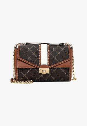 Sac à main à motif marron avec accent crème, équipé de ferrures dorées, d'une bandoulière en chaîne et d'un design structuré. Surface texturée avec détails de couture.