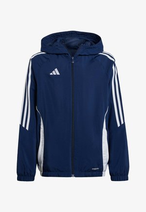 Navy hooded jacket with white accents, zip closure, and three white stripes on sleeves. Made from lightweight, smooth fabric with elastic cuffs.