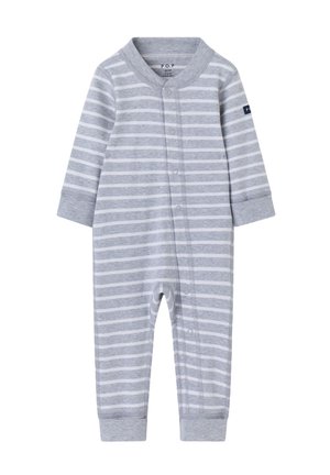 Grå og hvide stribede babybody med lange ærmer, trykknapper foran, manchetter på ærmer og ben, størrelse 2-4 måneder.