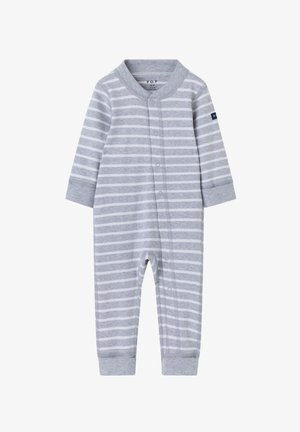 Grå og hvide stribede babybody med lange ærmer, trykknapper foran, manchetter på ærmer og ben, størrelse 2-4 måneder.