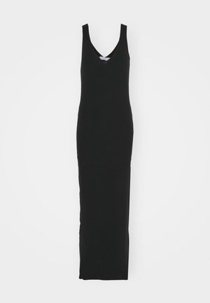 Robe maxi noire sans manches avec un décolleté en V profond, fabriquée dans un tissu lisse. Caractérisée par une silhouette ajustée et un design long jusqu'au sol.