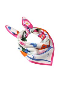 Svileni šal s cvetličnim vzorcem, ki vsebuje živahne barve, kot so roza, zelena in modra, z robom v kontrastni roza barvi.