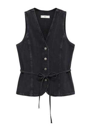 Schwarze ärmellose Jeansweste mit vorderen Knöpfen und einem dünnen Gürtel, der in einer Schleife an der Taille gebunden ist, mit vertikalen Nahtdetails.