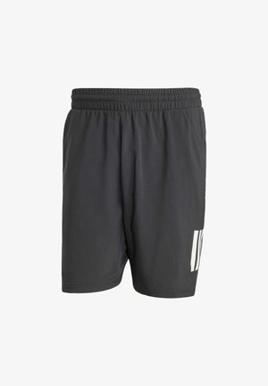 Calções atléticos masculinos, feitos de tecido leve, em cinza escuro. Apresentam uma cintura elástica e riscas brancas nas laterais para detalhe.