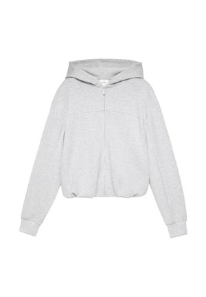 Világos szürke kapucnis cipzáras pulóver hosszú ujjakkal és elasztikus szegéllyel, fehér háttéren laposan kiterítve.
