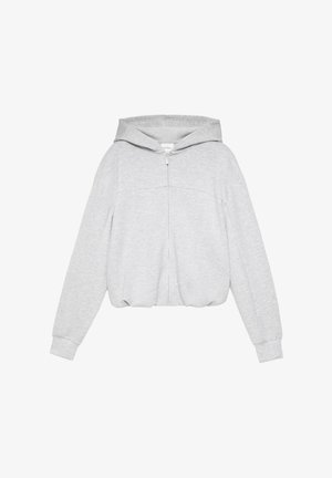 Világos szürke kapucnis cipzáras pulóver hosszú ujjakkal és elasztikus szegéllyel, fehér háttéren laposan kiterítve.