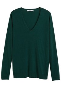 Pull en maille vert foncé à manches longues, col en V, avec des poignets et un ourlet côtelés, design uni, en tissu de moyen épaisseur.