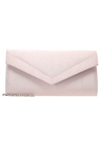 Kopertówka w stylu koperty wykonana z miękkiego różowego materiału o gładkiej fakturze. Posiada trójkątną klapę i srebrny łańcuszek umożliwiający noszenie na ramieniu.