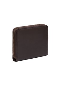Portafoglio in pelle marrone con finitura testurizzata, chiusura con zip e forma rettangolare elegante. Presenta accenti in metallo dorato sulla zip.