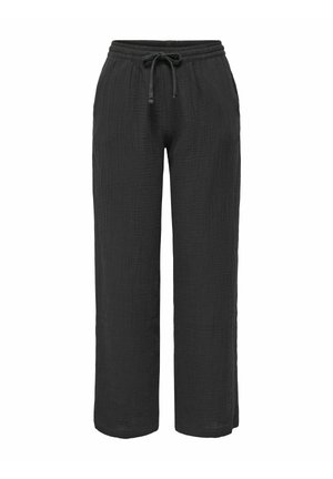 Pantalones negros de pierna ancha con textura, cinturilla elástica y cordón ajustable, diseñados para un ajuste relajado.