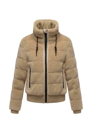 Beige Pufferjacke mit hohem Kragen, hergestellt aus weichem Fleece-Material. Verfügt über schwarze Reißverschlüsse und Kordeln sowie gerippte Bündchen und Saum.