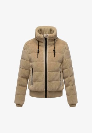 Beež puffer jakk, millel on kõrge krae, valmistatud pehmest fliisist. Omab musti lukkusid ja nööre, soonikkoes varrukaid ja äärt.