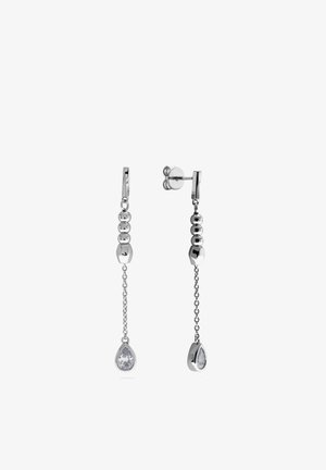 Silver drop earrings with chain links, three round beads, one faceted bead, and teardrop-shaped clear gemstones at the ends.