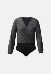 Sorte bodysuit med lange, lett puffede ermer og et skimrende grått omslagsdesign. Glatt stoff med dyp V-hals og tettsittende passform.