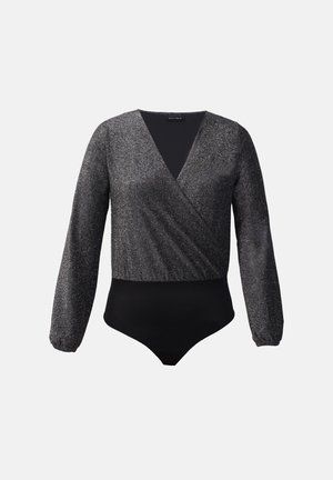 Black bodysuit featuring long, slightly puffed sleeves and a shimmering gray wrap design. Smooth fabric with a deep V neckline and fitted body.