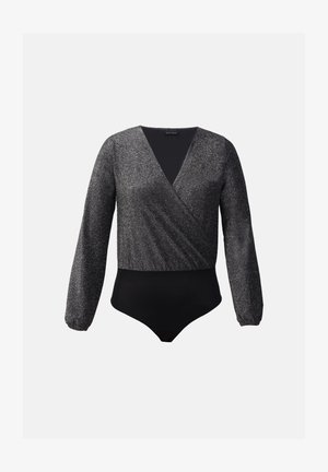 Zwarte bodysuit met lange, licht gepofte mouwen en een schitterend grijze wikkelontwerp. Gladde stof met een diepe V-halslijn en een getailleerd lichaam.