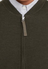 Olivgrüner Zip-Pullover mit gerippter Struktur und hohem Kragen. Verfügt über einen metallischen Reißverschluss und ein hellgraues Hemd mit Kragen darunter.