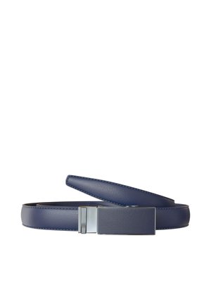 Navy blue leather belt with a rectangular, silver metallic buckle, laid flat with one end slightly curved upward.