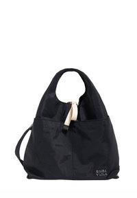 Czarna torba na ramię z nylonu o luźnym kroju, z wyraźnym górnym uchwytem, regulowanym paskiem i kremowym suwakiem. Logo wytłoczone z boku.