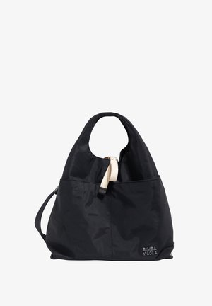 Czarna torba na ramię z nylonu o luźnym kroju, z wyraźnym górnym uchwytem, regulowanym paskiem i kremowym suwakiem. Logo wytłoczone z boku.