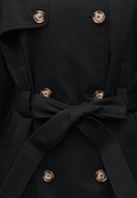 Κοντινό πλάνο ενός μαύρου παλτού τρανς με κουμπιά από κελύφη χελώνας και δεμένη ζώνη υφάσματος στη μέση.