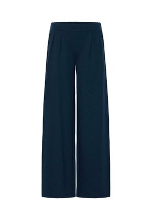 Tumszilas plataji bikses ar pieguļošu jostasvietu un priekšējiem krokām, veidotas ērtai un brīvai valkāšanai.