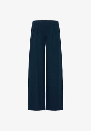 Tengerészkék, széles szárú nadrágok, melyek testhezálló derékrésszel és elöl hajtásokkal rendelkeznek, laza, kényelmes viseletre tervezve.