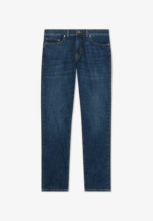 Dunkelblaue Jeans mit geradem Bein, fünf Taschen, Knopfverschluss und sichtbaren Nähten auf weißem Hintergrund.