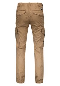 Beige cargo-housut, joissa on joustava vyötärö, käänteet lahkeissa ja useita cargo-taskuja sivuilla. Valmistettu pehmeästä ja kestävästä kankaasta.