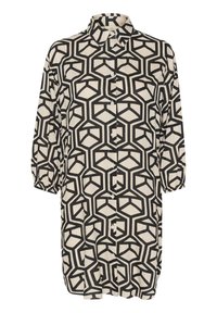 Robe chemise noire et crème avec un motif géométrique en cubes, un col et une fermeture à boutons, dotée de manches longues avec des poignets élastiques.