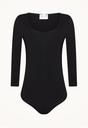 Schwarzer Bodysuit aus weichem Stoff, mit Rundhalsausschnitt und langen Ärmeln. Das Design hat eine figurbetonte Form und eine glatte Textur.