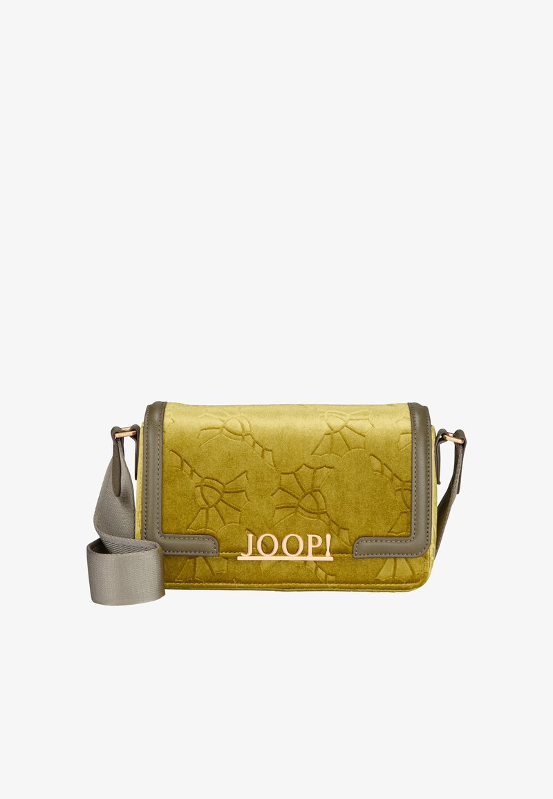 Borsa a tracolla in velluto giallo testurizzato con accenti grigi, caratterizzata da un motivo floreale in rilievo e un logo metallico sul davanti.