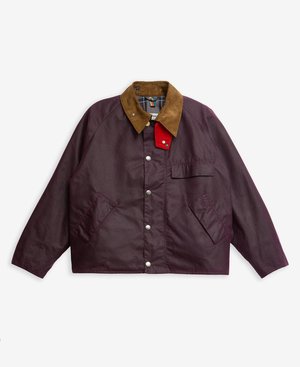 Burgundy jacket with brown corduroy collar, button front, two side pockets, and one chest pocket featuring a red accent square.