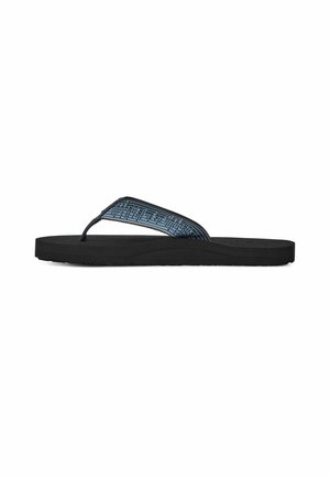 Schwarze Herren-Flip-Flop-Sandale mit strukturiertem blau-schwarzem Stoffriemen und konturierter Sohle, seitlich dargestellt.