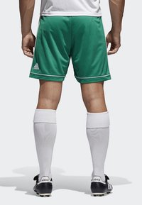 Pantaloni da calcio verdi con rifiniture bianche, indossati con calze bianche al ginocchio e scarpe cleats nere. Presenta un logo Adidas sui pantaloni e sulle scarpe.