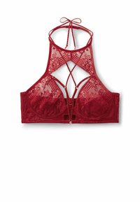 Rød blonde bralette med et krydsdesign på bagsiden, justerbare stropper, foret underwire kopper og en hægte- og øjnelukning.