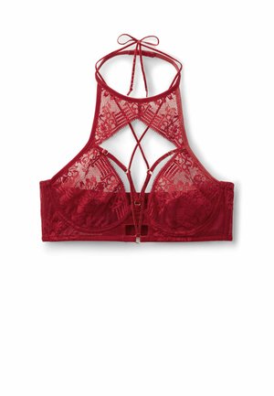 Rote Spitzen-Bralette mit einem Kreuzdesign auf der Rückseite, verstellbaren Trägern, gefütterten Unterwäschen und einem Haken- und Ösenverschluss.