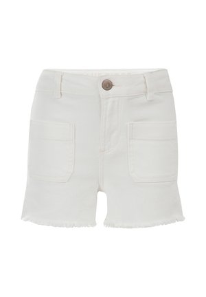 Short en denim blanc avec poches plaquées devant, ourlet effiloché, passants pour ceinture et fermeture par bouton métallique à la taille.
