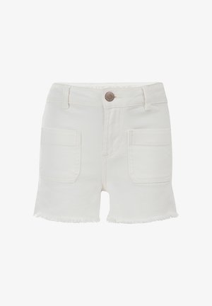 Hvide denimshorts med forlommer med lapper, frynset kant, bæltestropper og metal knaplukning i taljen.