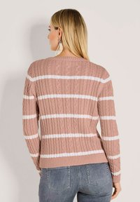 Rosa Kabelstrickpullover mit weißen Streifen, rundem Halsauschnitt und geripptem Saum. Die Rückansicht zeigt das Design ohne zusätzliche Accessoires.