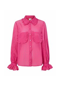 Roze doorzichtige blouse met een ruitpatroon, lange pofmouwen, een gerimpelde kraag, gerimpelde manchetten en twee gerimpelde voorzakken.
