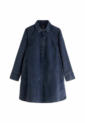 Robe en denim bleu foncé avec un col, fermeture à boutons sur le devant, manches longues et deux poches latérales. Texture lisse et coupe légèrement ample.