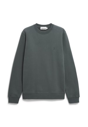 Grauer Rundhalsausschnitt-Pullover mit gerippten Bündchen und Saum, ausgestattet mit einem kleinen gestickten Logo auf der Brust. Hergestellt aus weichem, strukturiertem Material.