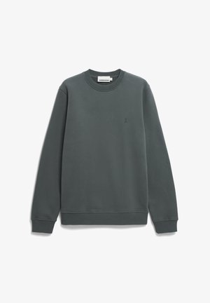 Sweatshirt gris à col rond avec des poignets et un ourlet côtelés, featuring un petit logo brodé sur la poitrine. Fait en tissu doux et texturé.