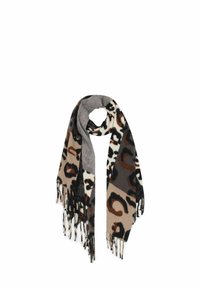 Leopardenmuster-Schal in Beige-, Braun-, Grau- und Schwarztönen, mit fransigen Kanten und strukturiertem Stoff in rechteckiger Form.